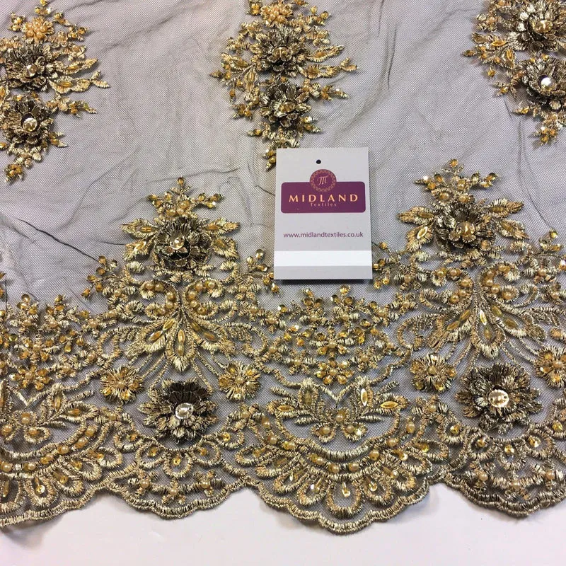 Floral Embellished Scalloped Edged Dress Net with faux pearls Fabric 58" M792