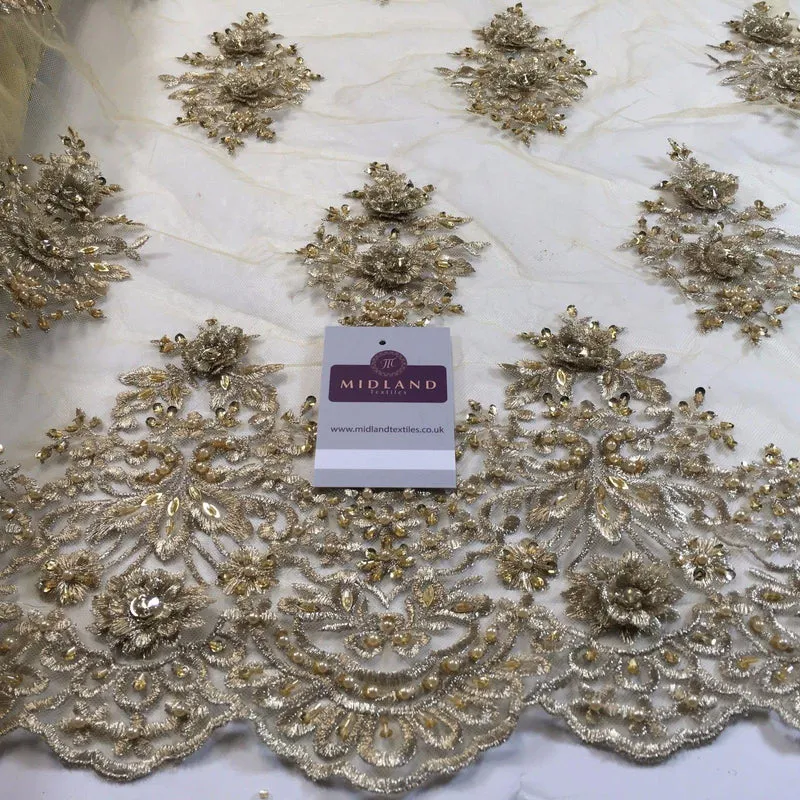 Floral Embellished Scalloped Edged Dress Net with faux pearls Fabric 58" M792