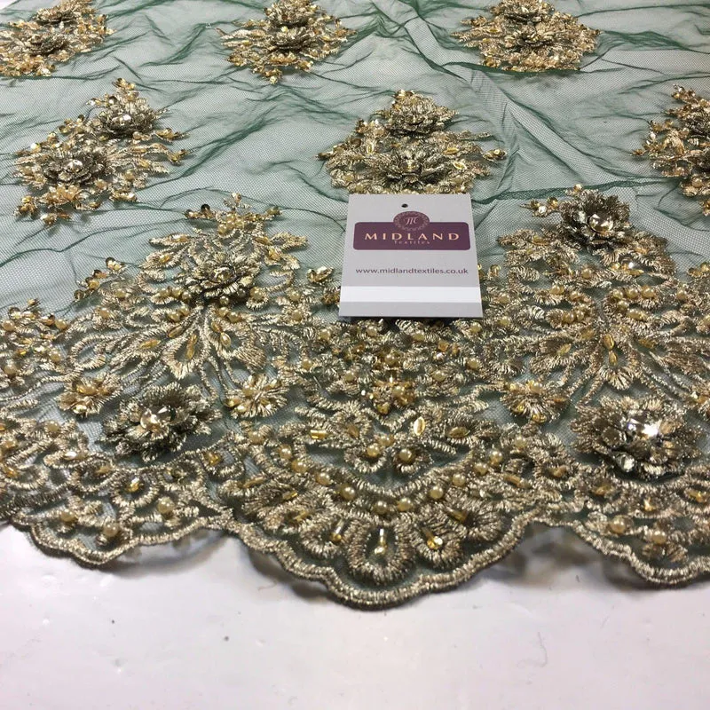 Floral Embellished Scalloped Edged Dress Net with faux pearls Fabric 58" M792