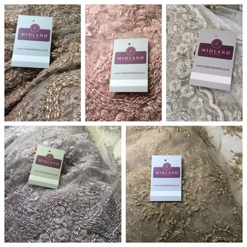 Faux Pearl Heavy Embellished Scalloped Edged Dress Net Fabric 58" M793 Mtex