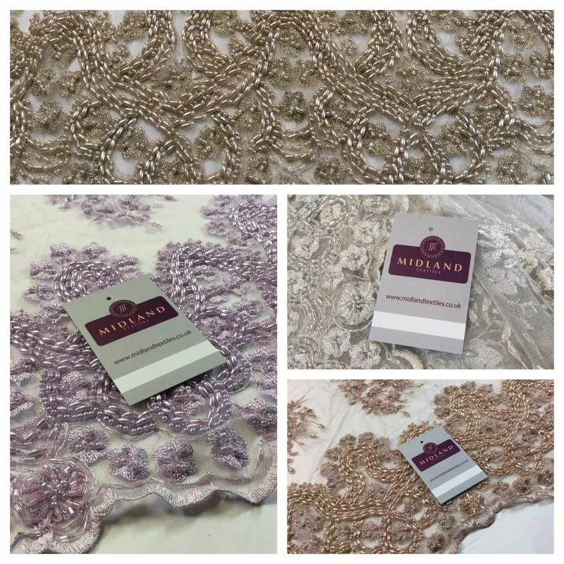 Faux Pearl Heavy Embellished Scalloped Edged Dress Net Fabric 58" M793 Mtex