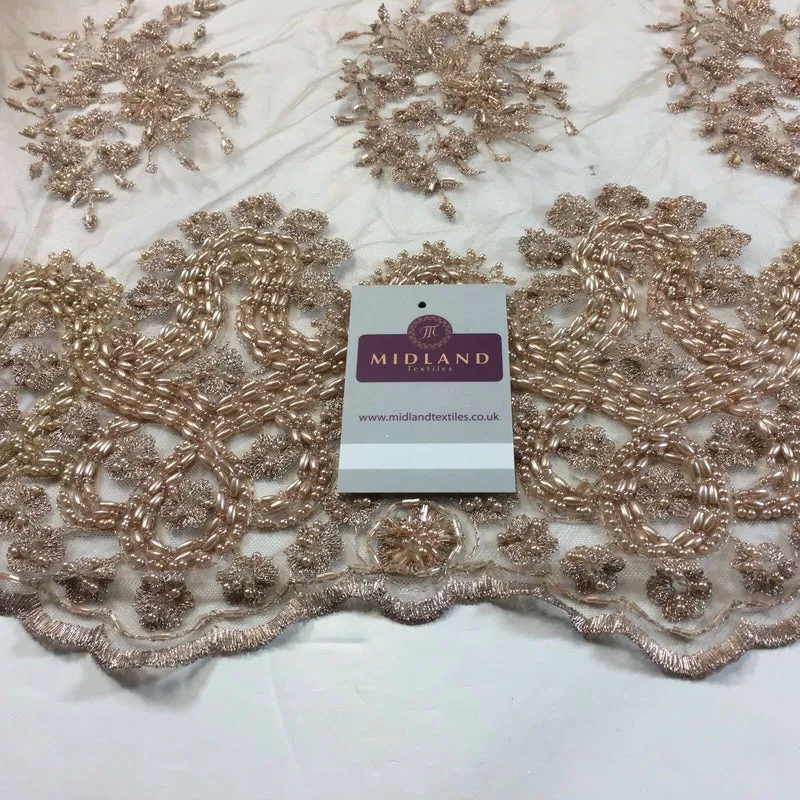 Faux Pearl Heavy Embellished Scalloped Edged Dress Net Fabric 58" M793 Mtex