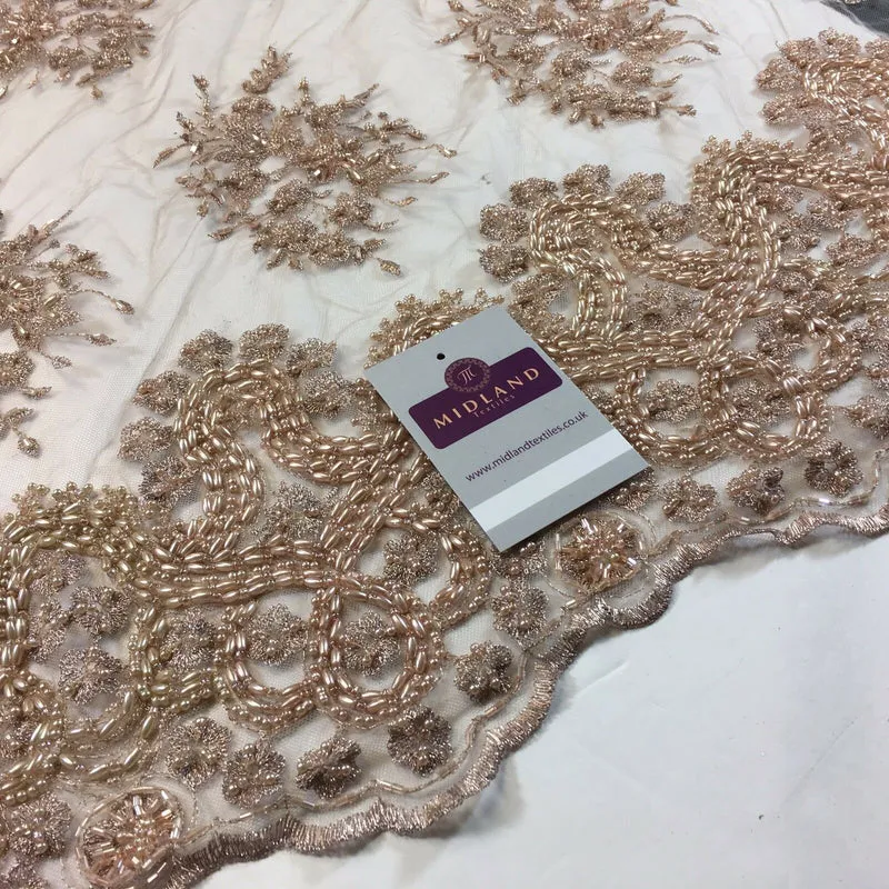Faux Pearl Heavy Embellished Scalloped Edged Dress Net Fabric 58" M793 Mtex