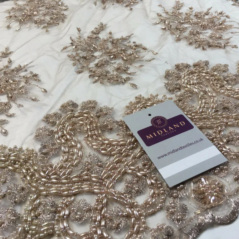 Faux Pearl Heavy Embellished Scalloped Edged Dress Net Fabric 58" M793 Mtex