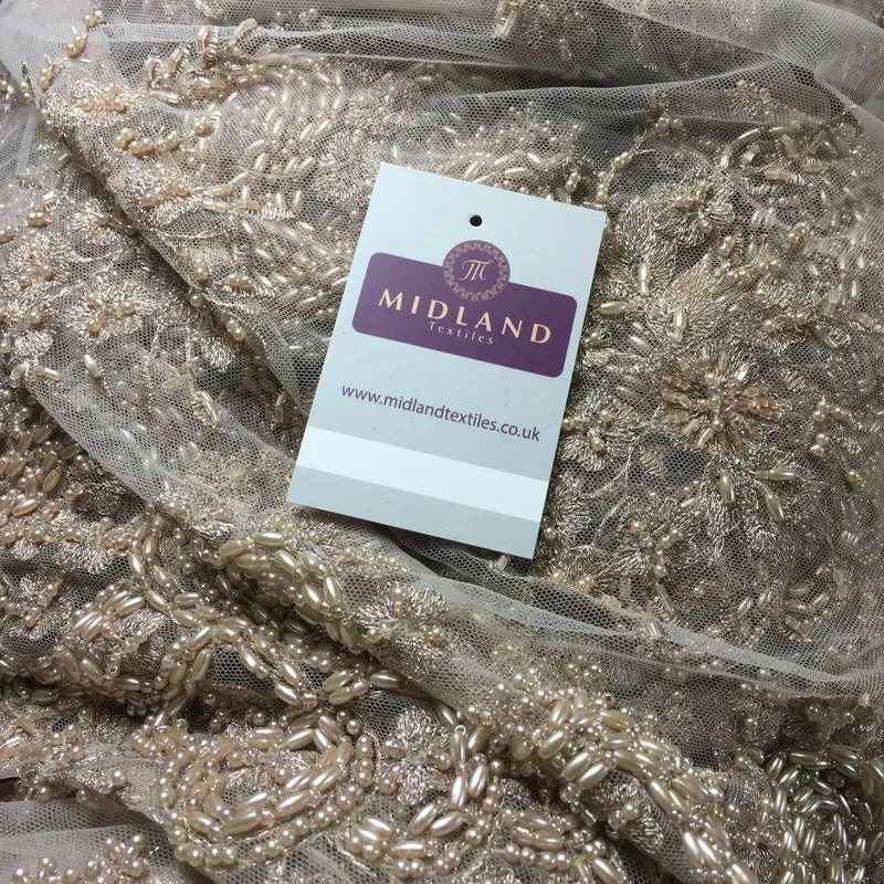 Faux Pearl Heavy Embellished Scalloped Edged Dress Net Fabric 58" M793 Mtex