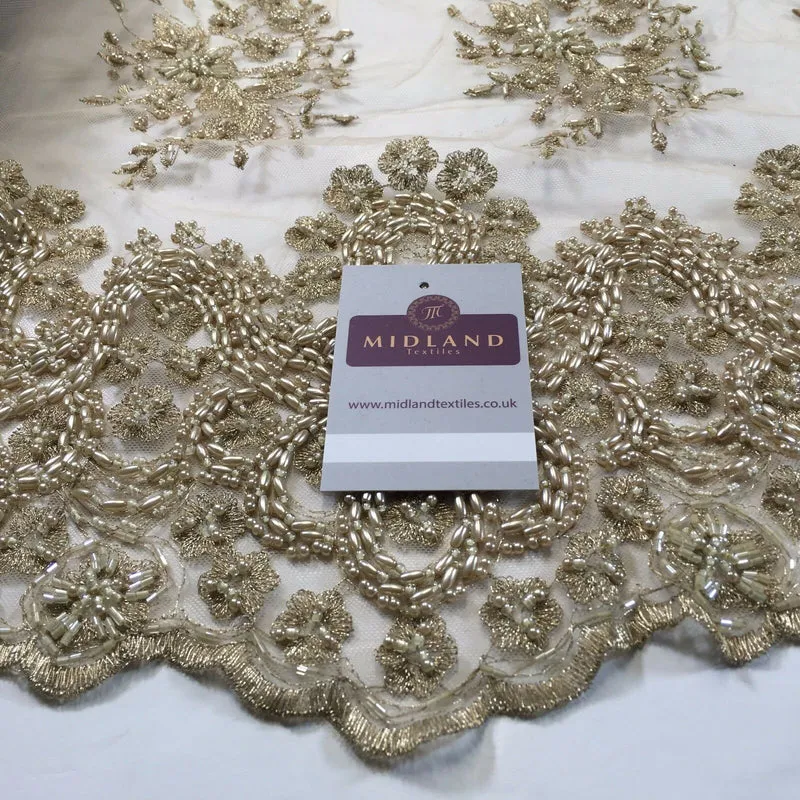 Faux Pearl Heavy Embellished Scalloped Edged Dress Net Fabric 58" M793 Mtex