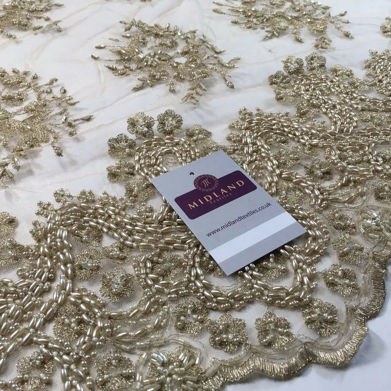 Faux Pearl Heavy Embellished Scalloped Edged Dress Net Fabric 58" M793 Mtex