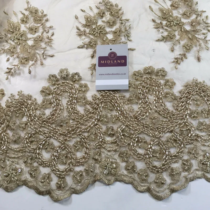Faux Pearl Heavy Embellished Scalloped Edged Dress Net Fabric 58" M793 Mtex