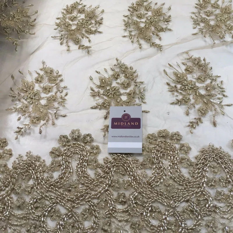 Faux Pearl Heavy Embellished Scalloped Edged Dress Net Fabric 58" M793 Mtex