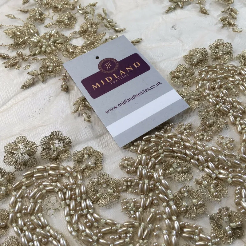 Faux Pearl Heavy Embellished Scalloped Edged Dress Net Fabric 58" M793 Mtex
