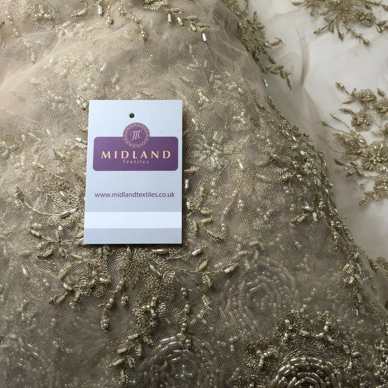 Faux Pearl Heavy Embellished Scalloped Edged Dress Net Fabric 58" M793 Mtex