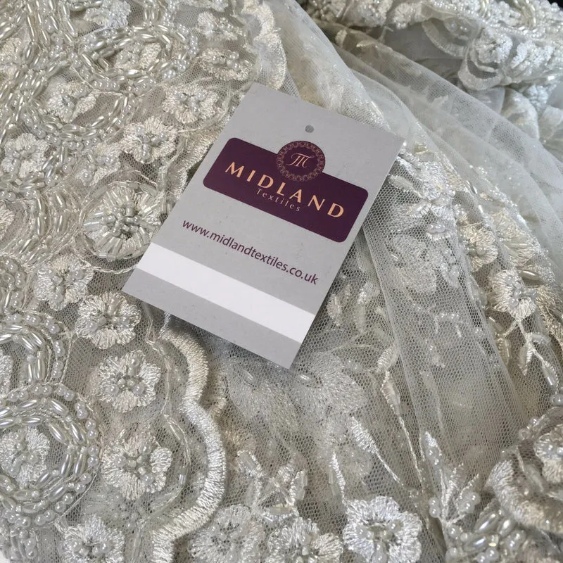 Faux Pearl Heavy Embellished Scalloped Edged Dress Net Fabric 58" M793 Mtex