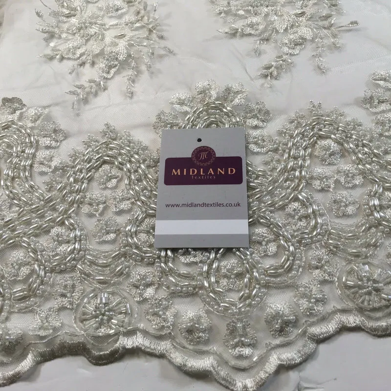 Faux Pearl Heavy Embellished Scalloped Edged Dress Net Fabric 58" M793 Mtex