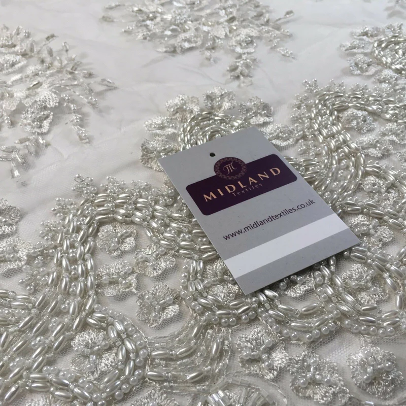 Faux Pearl Heavy Embellished Scalloped Edged Dress Net Fabric 58" M793 Mtex
