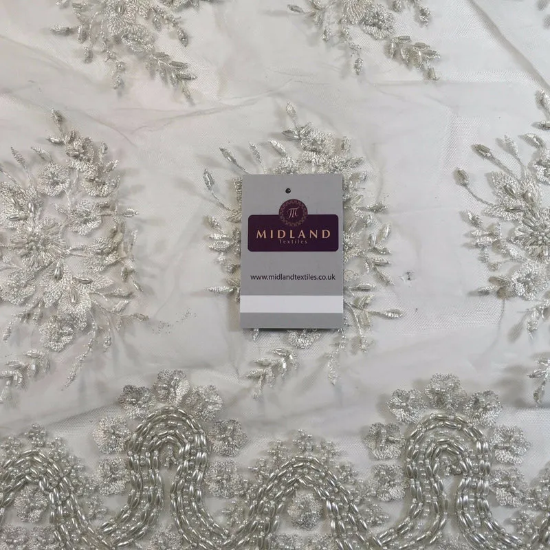 Faux Pearl Heavy Embellished Scalloped Edged Dress Net Fabric 58" M793 Mtex