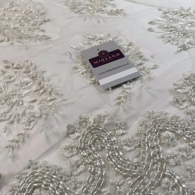 Faux Pearl Heavy Embellished Scalloped Edged Dress Net Fabric 58" M793 Mtex