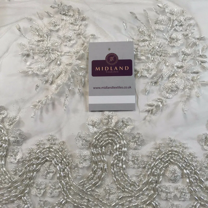 Faux Pearl Heavy Embellished Scalloped Edged Dress Net Fabric 58" M793 Mtex