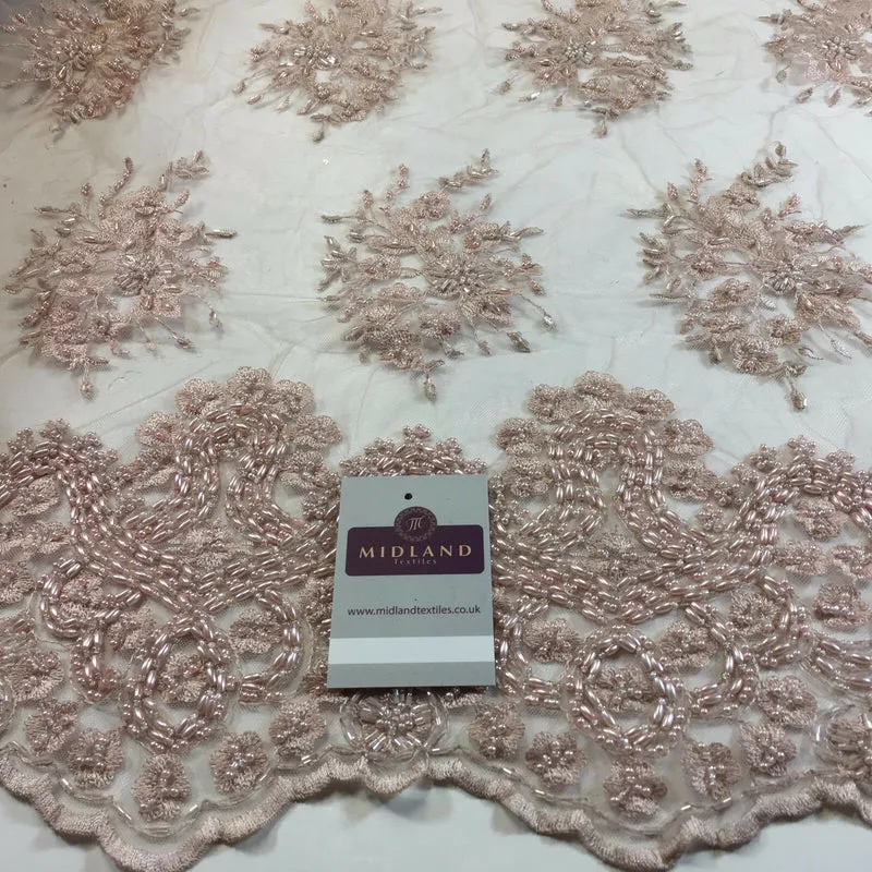 Faux Pearl Heavy Embellished Scalloped Edged Dress Net Fabric 58" M793 Mtex