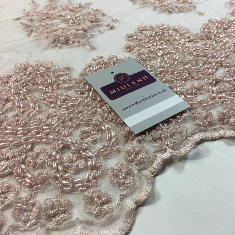 Faux Pearl Heavy Embellished Scalloped Edged Dress Net Fabric 58" M793 Mtex