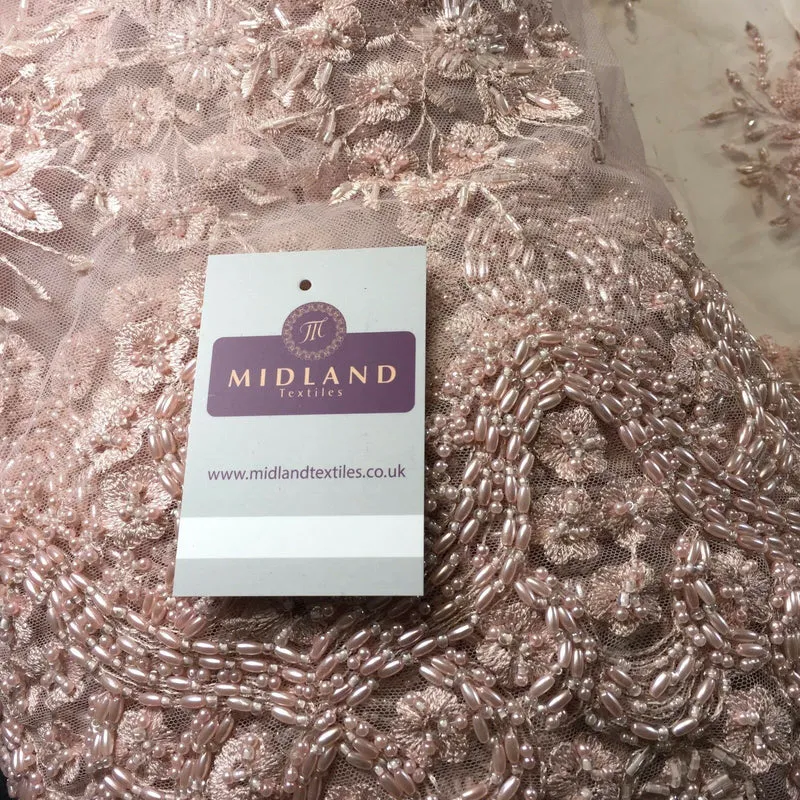 Faux Pearl Heavy Embellished Scalloped Edged Dress Net Fabric 58" M793 Mtex