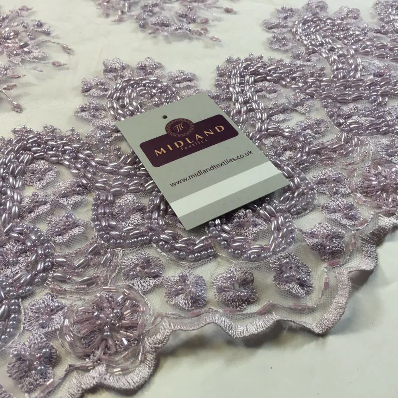Faux Pearl Heavy Embellished Scalloped Edged Dress Net Fabric 58" M793 Mtex