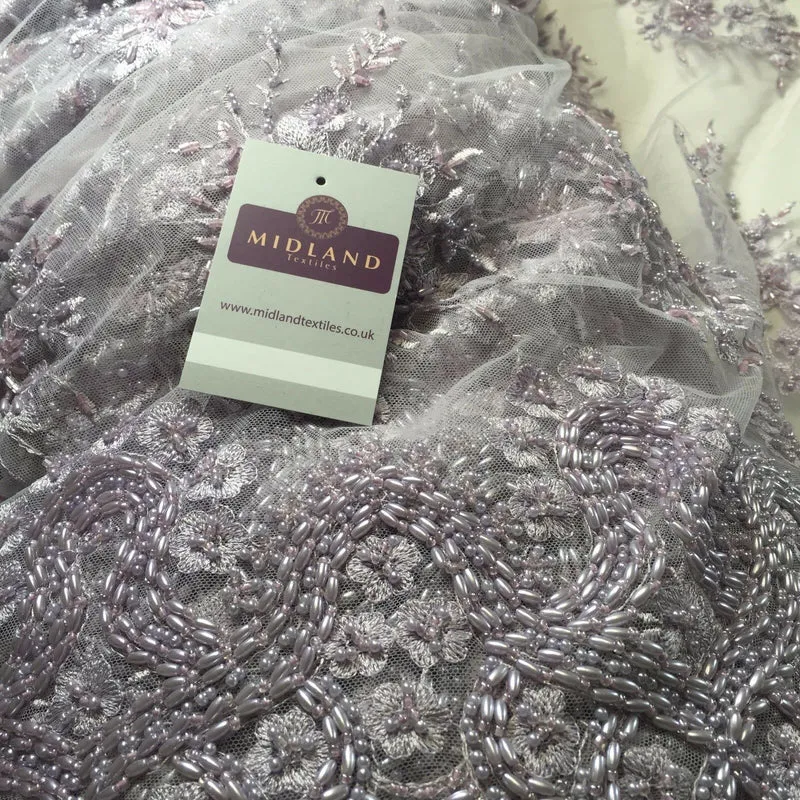 Faux Pearl Heavy Embellished Scalloped Edged Dress Net Fabric 58" M793 Mtex