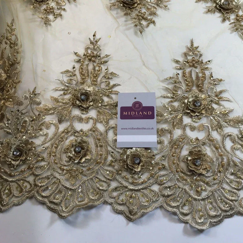 Embroidered Floral scalloped edged net with faux pearls & clear stones 58" M791