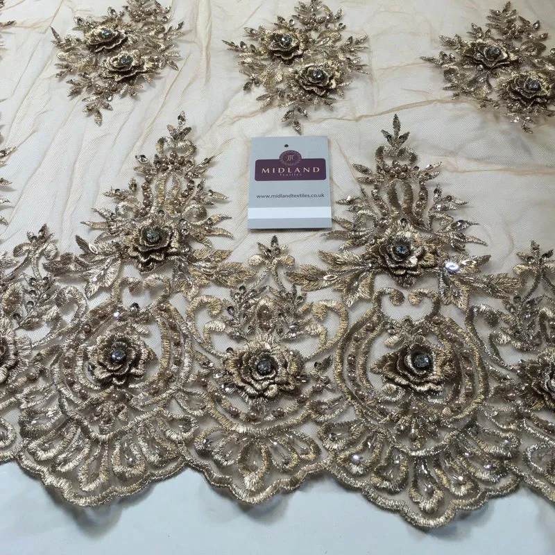 Embroidered Floral scalloped edged net with faux pearls & clear stones 58" M791