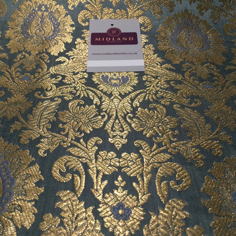 Gold Indian Floral Metallic Print Banarsi faux Silk Brocade Fabric 40" M370 Mtex