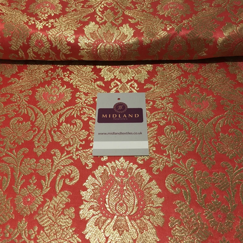 Gold Indian Floral Metallic Print Banarsi faux Silk Brocade Fabric 40" M370 Mtex