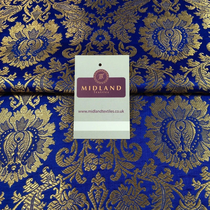 Gold Indian Floral Metallic Print Banarsi faux Silk Brocade Fabric 40" M370 Mtex