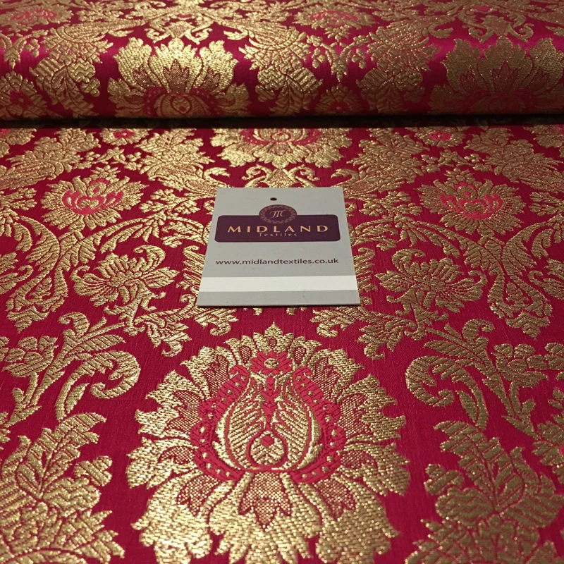 Gold Indian Floral Metallic Print Banarsi faux Silk Brocade Fabric 40" M370 Mtex