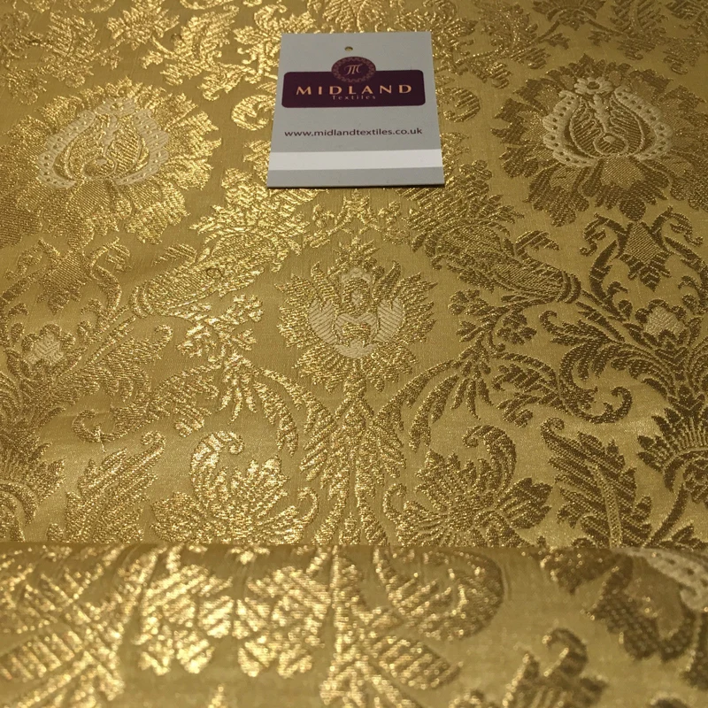 Gold Indian Floral Metallic Print Banarsi faux Silk Brocade Fabric 40" M370 Mtex