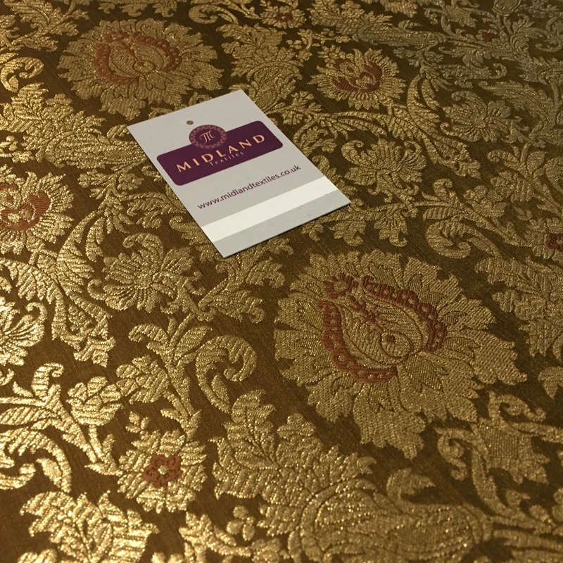 Gold Indian Floral Metallic Print Banarsi faux Silk Brocade Fabric 40" M370 Mtex