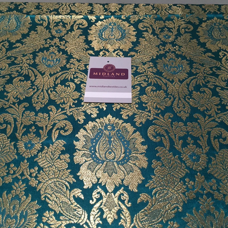 Gold Indian Floral Metallic Print Banarsi faux Silk Brocade Fabric 40" M370 Mtex