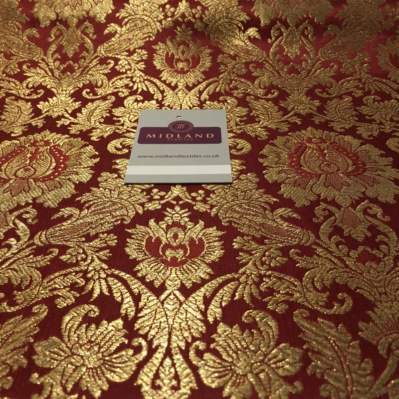 Gold Indian Floral Metallic Print Banarsi faux Silk Brocade Fabric 40" M370 Mtex