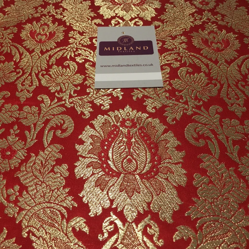 Gold Indian Floral Metallic Print Banarsi faux Silk Brocade Fabric 40" M370 Mtex
