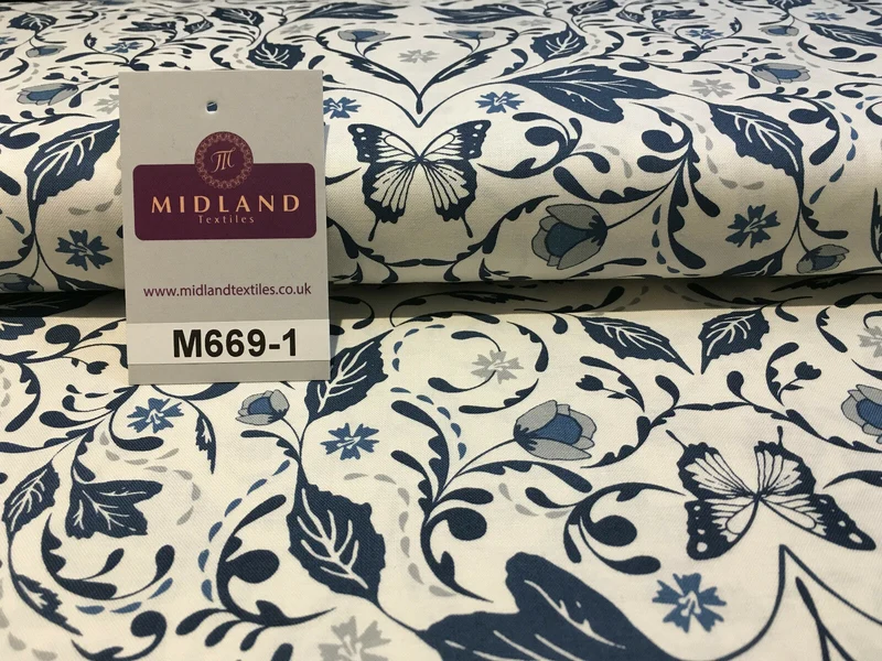 Blue William Morris inspired Butterfly and leaves 100% cotton fabric 45" M669