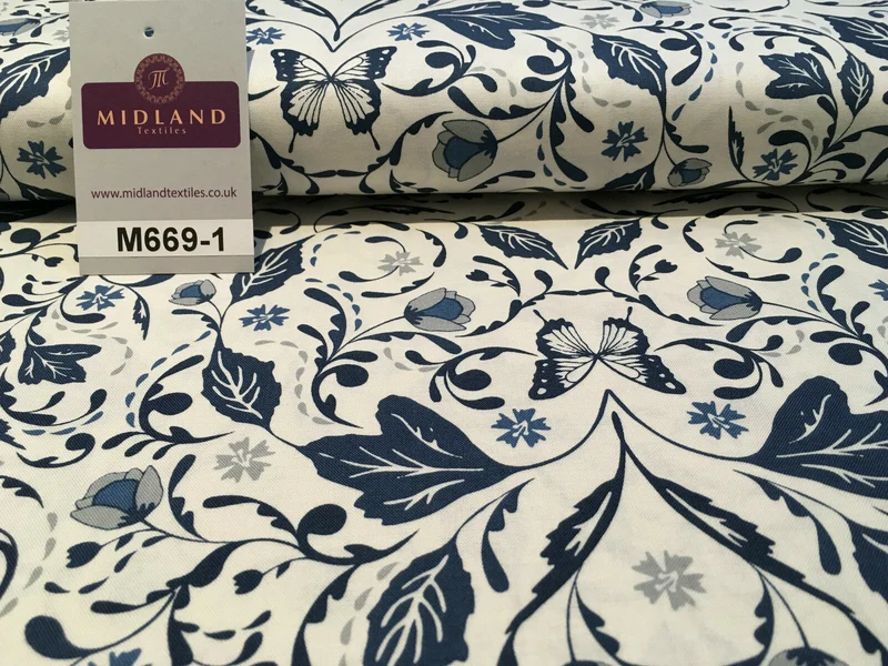 Blue William Morris inspired Butterfly and leaves 100% cotton fabric 45" M669