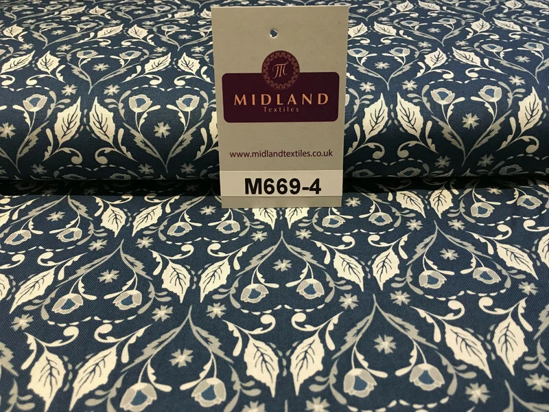Blue William Morris inspired Butterfly and leaves 100% cotton fabric 45" M669