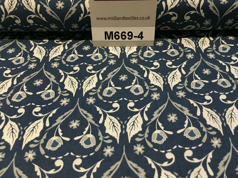 Blue William Morris inspired Butterfly and leaves 100% cotton fabric 45" M669