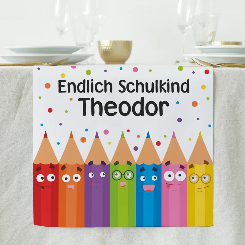 Tischläufer zur Einschulung personalisiert mit Name | Buntstifte | 2 Größen