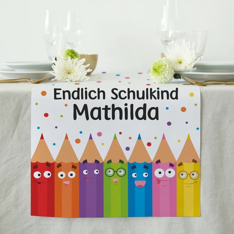 Tischläufer zur Einschulung personalisiert mit Name | Buntstifte | 2 Größen