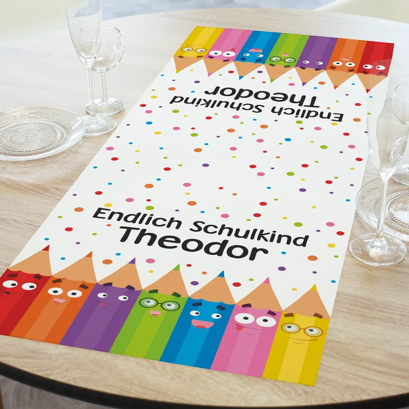 Tischläufer zur Einschulung personalisiert mit Name | Buntstifte | 2 Größen