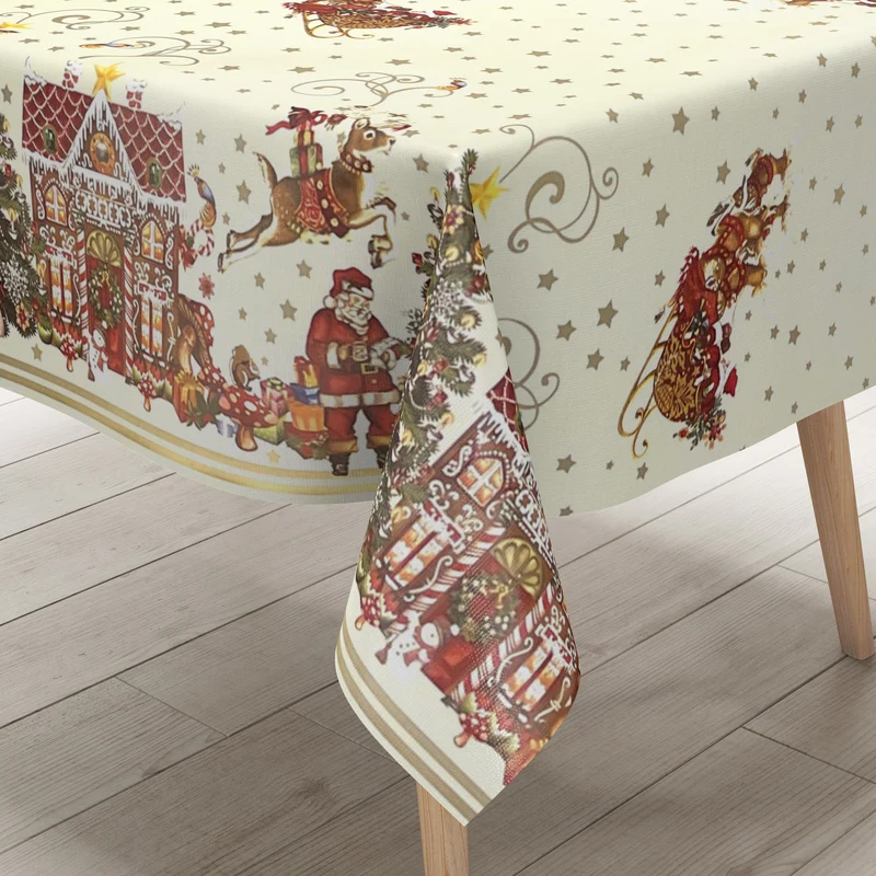 KEVKUS Wachstuch Tischdecke Weihnachten K23A beige Bordürenmuster Weihnachtsmann eckig rund oval