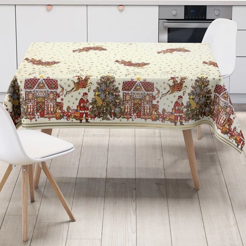 KEVKUS Wachstuch Tischdecke Weihnachten K23A beige Bordürenmuster Weihnachtsmann eckig rund oval