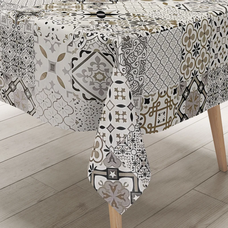 Wachstuch Tischdecke B5010-03 Mosaik Fliesen beige braun auf weiss eckig rund oval