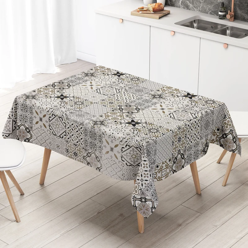Wachstuch Tischdecke B5010-03 Mosaik Fliesen beige braun auf weiss eckig rund oval