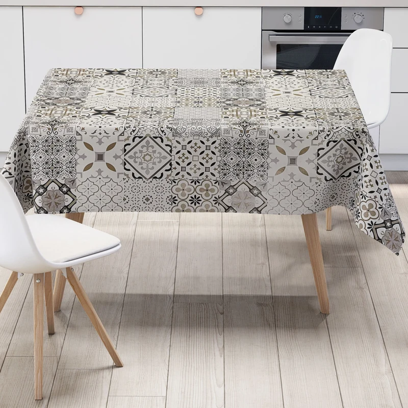 Wachstuch Tischdecke B5010-03 Mosaik Fliesen beige braun auf weiss eckig rund oval