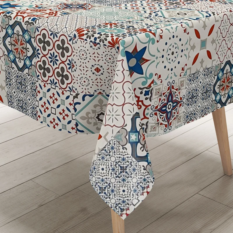 Wachstuch Tischdecke B5010-02 Mosaik Fliesen blau rot auf weiss eckig rund oval
